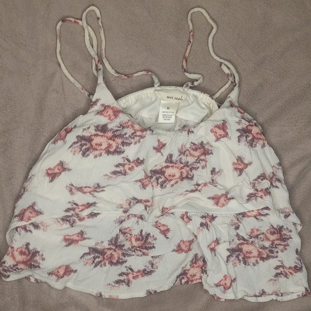 Wet Seal White Floral Cropped Tank Top